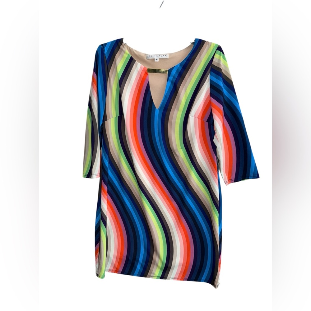 Trina Turk Colorful Pink Blue White Green Red Wave Pattern Dress Size 6